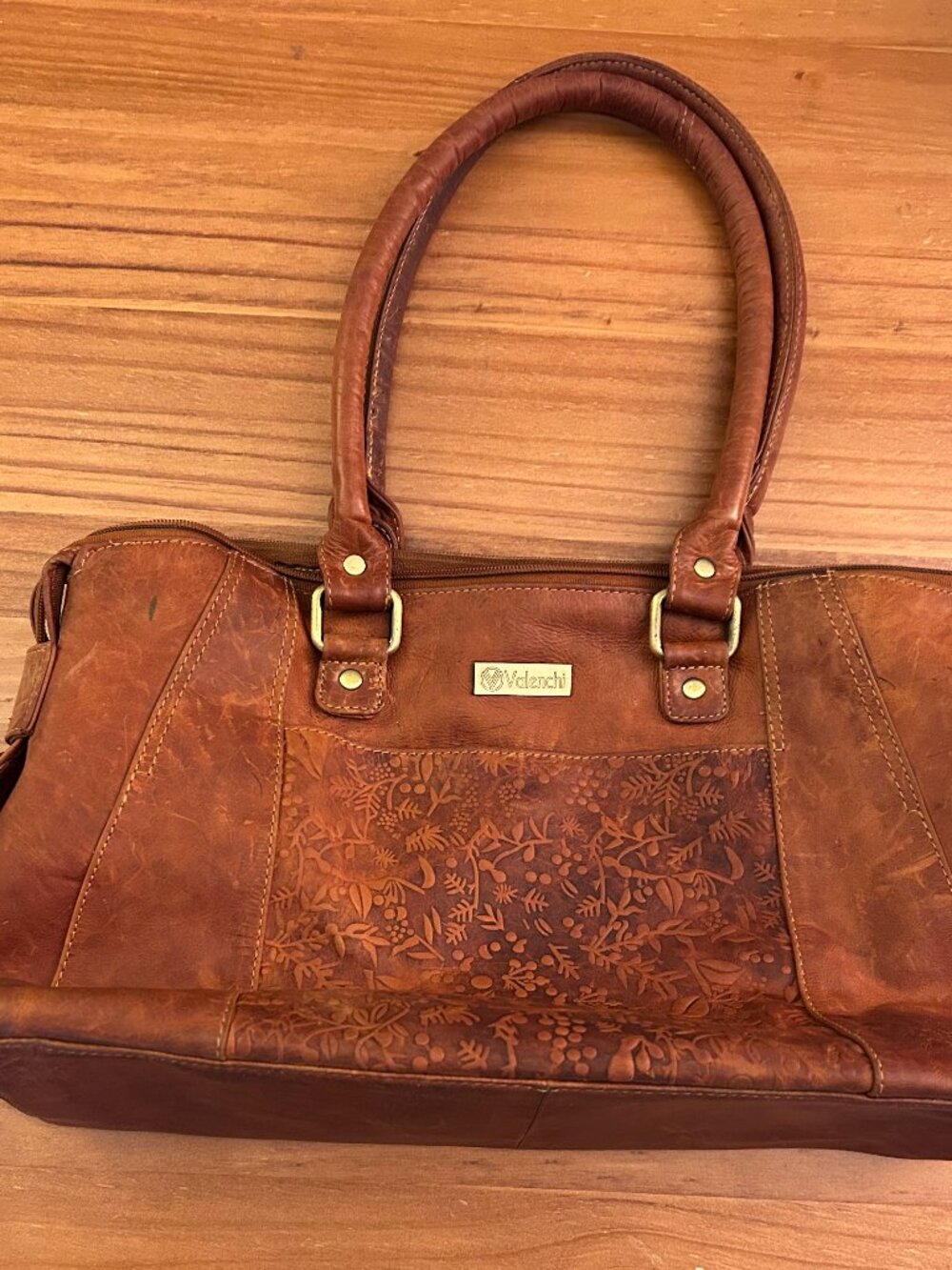 Valenchi Patterned Brown Leather Flower Embossed Satchel